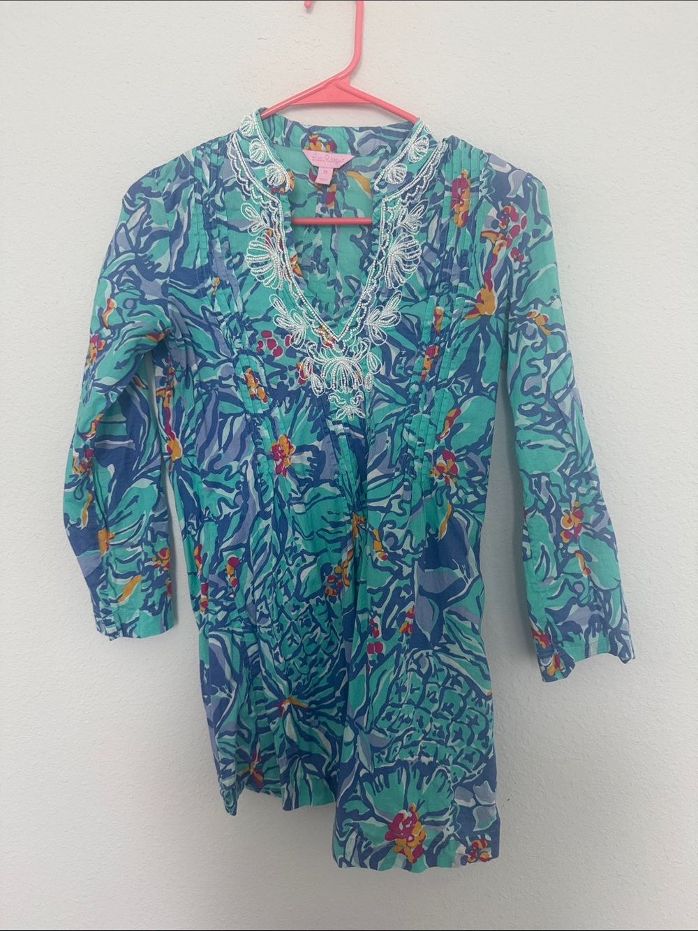 Lilly Pulitzer Turquoise and Blue Floral V-Neck Tunic